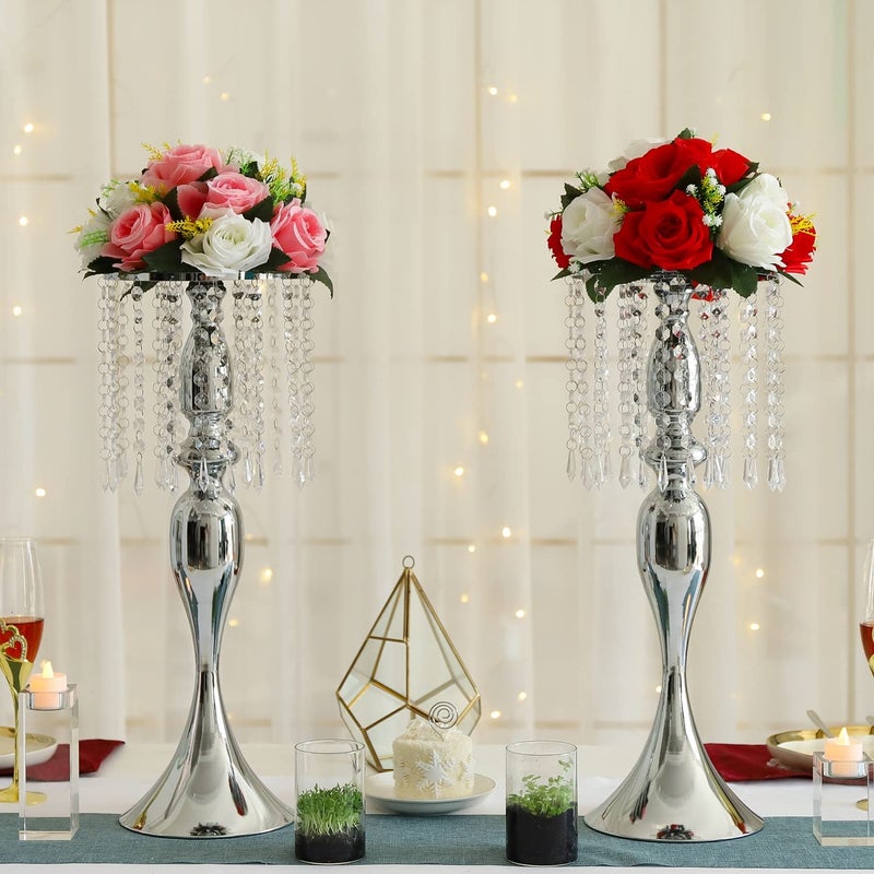 LANLONG Set of 2 Crystal Centerpieces for Tables Silver Metal Flower Vase Stand for Wedding Party Reception Home Decor - Image 2